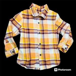 Boys' Long Sleeve Plaid Flannel Button-Down Shirt Cat & Jack Sz 2T Yellow Brown